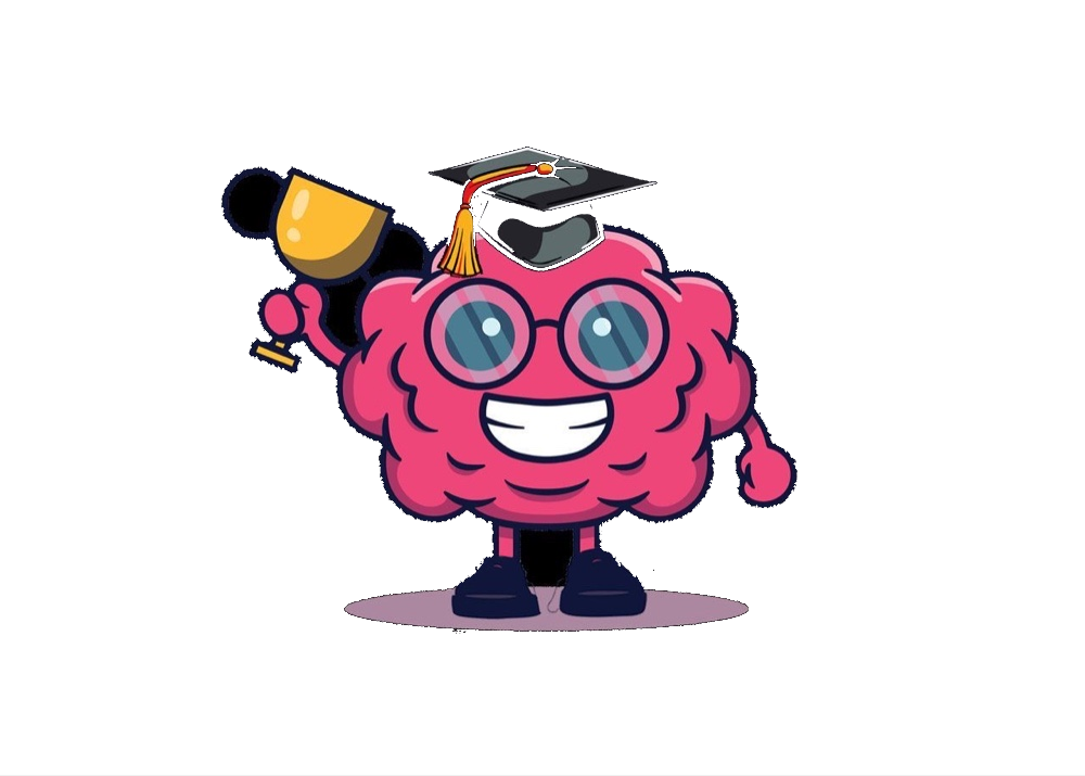 Meesterbrein-mascotje met trofee bij de ervaringen van klanten